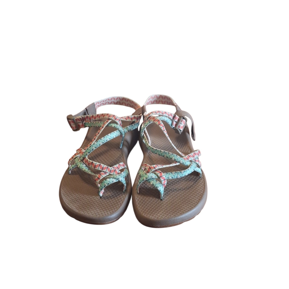 Chaco Women's Brown Sandals with Mint Green and Coral Straps
